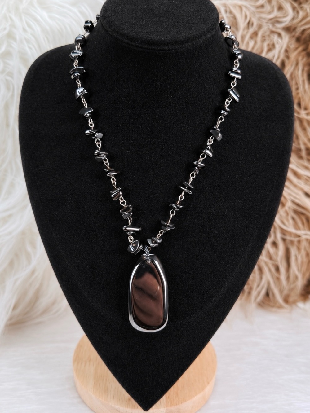 Vintage Black Chip Bead Necklace Large Polished Pendant Statement Necklace